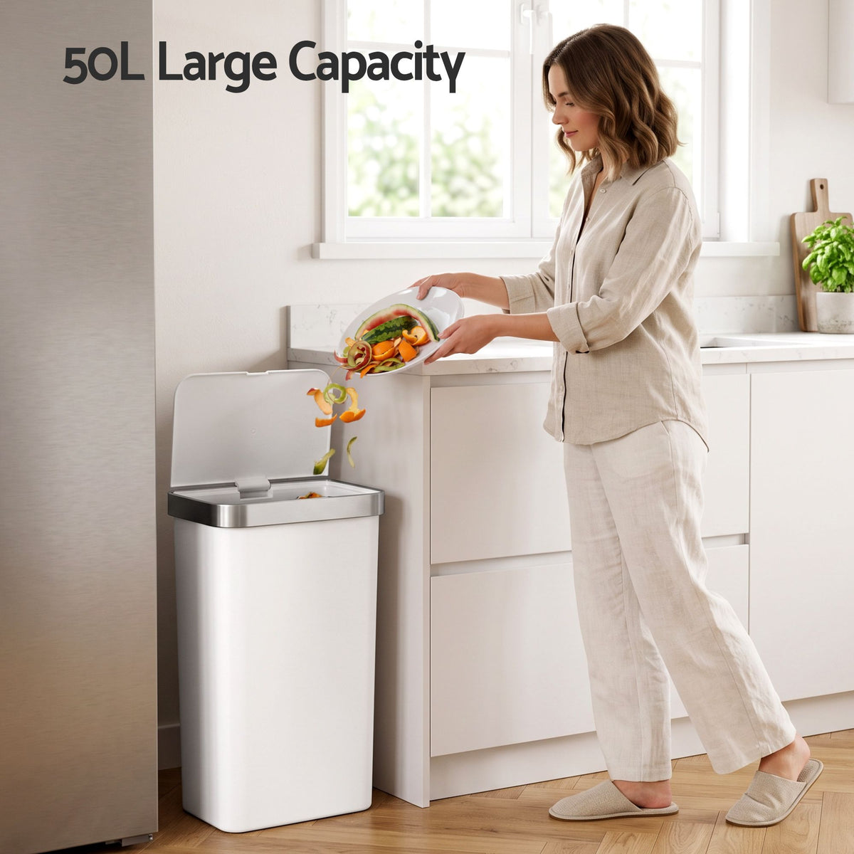 Devanti 50L Motion Sensor Trash Bin Automatic Kitchen Waste Dustbin White Awezingly