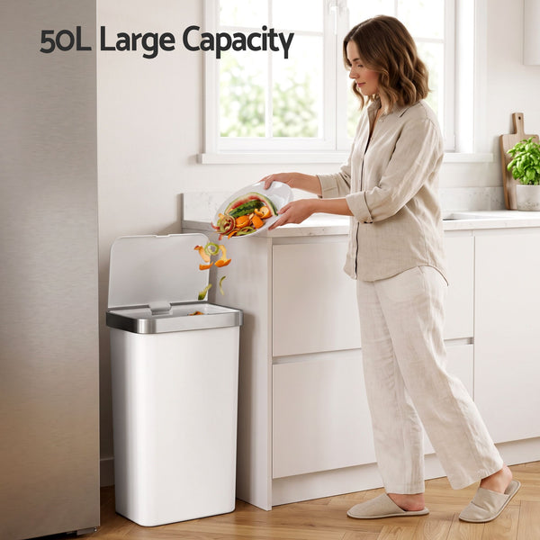 Devanti 50L Motion Sensor Trash Bin Automatic Kitchen Waste Dustbin White Awezingly
