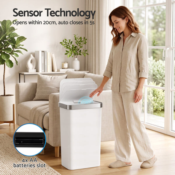 Devanti 50L Motion Sensor Trash Bin Automatic Kitchen Waste Dustbin White Awezingly