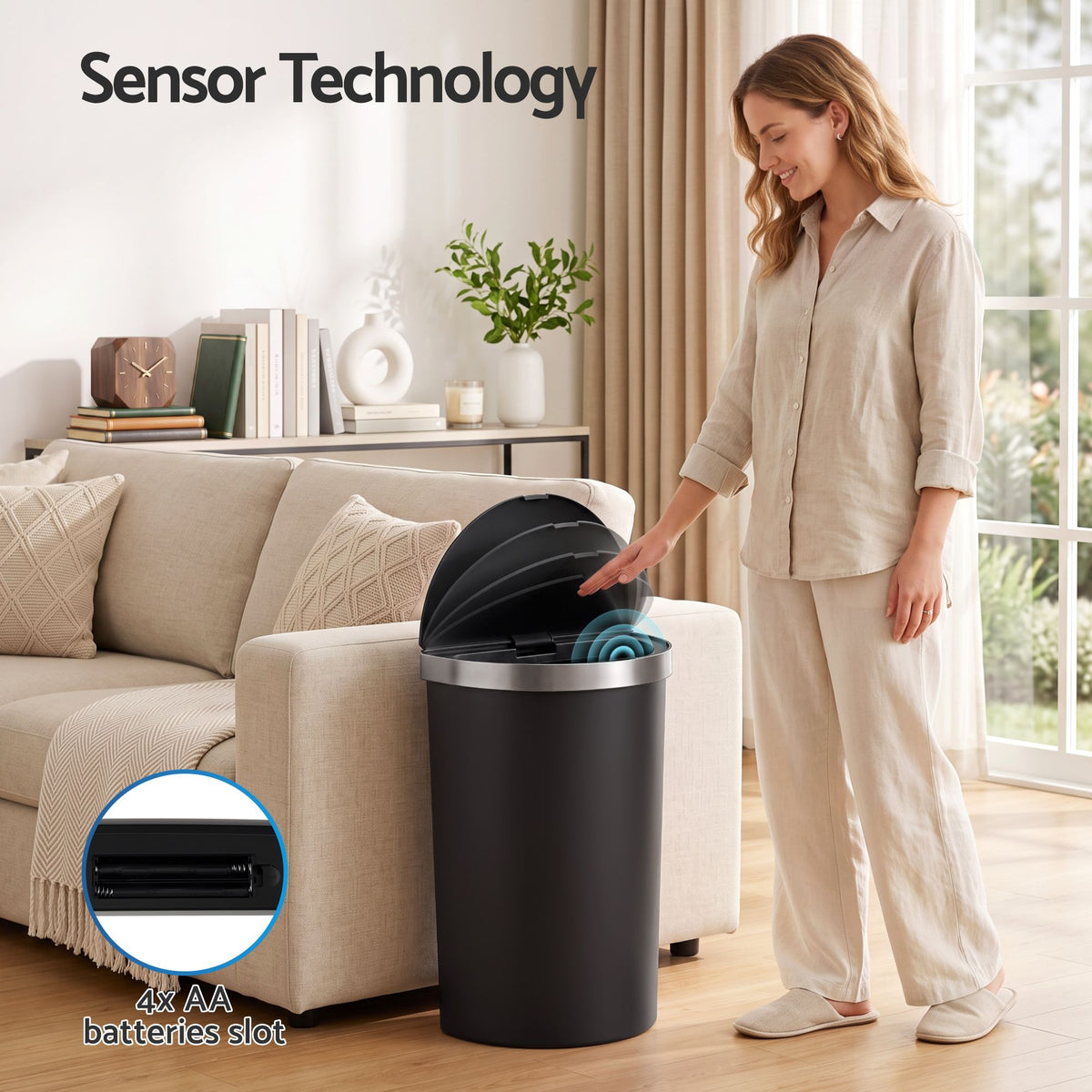 Devanti 50L Sensor Bin D-Shape Trash Can Kitchen Smart Rubbish Bin Black Awezingly