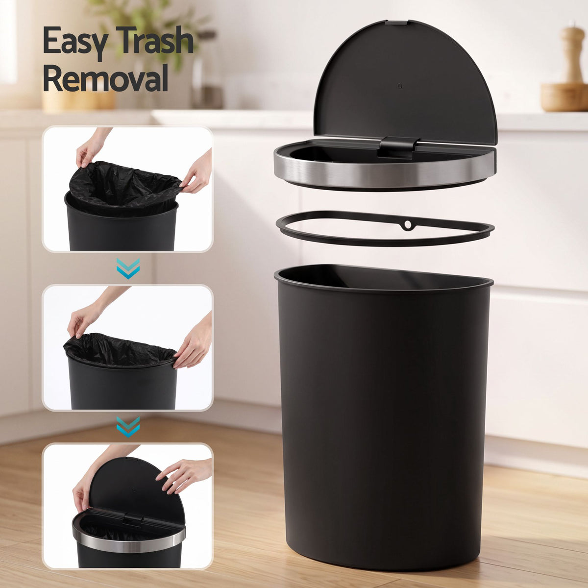 Devanti 50L Sensor Bin D-Shape Trash Can Kitchen Smart Rubbish Bin Black Awezingly