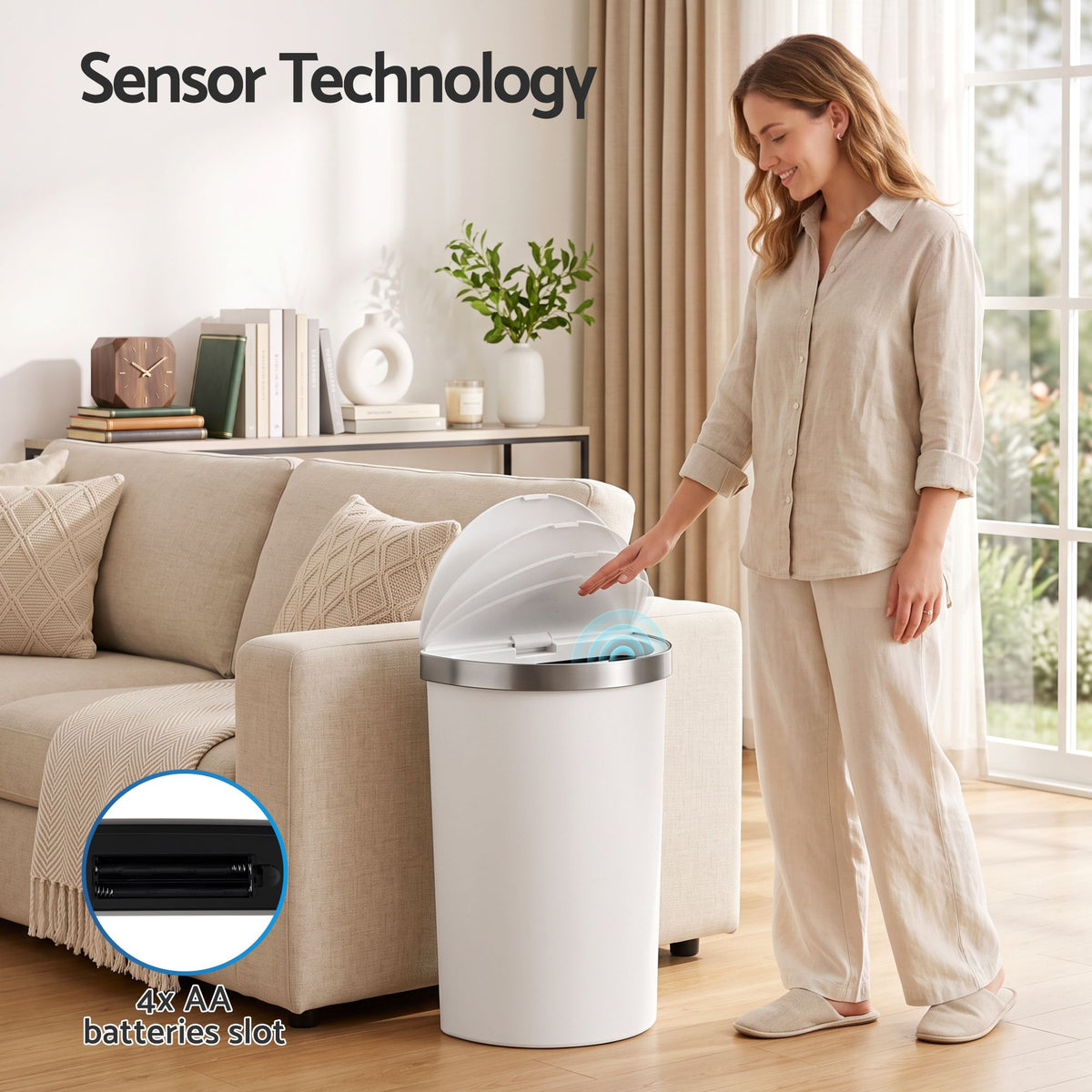 Devanti 50L Motion Sensor Bins Trash Can Kitchen Smart Rubbish Bin D-shape design White Awezingly