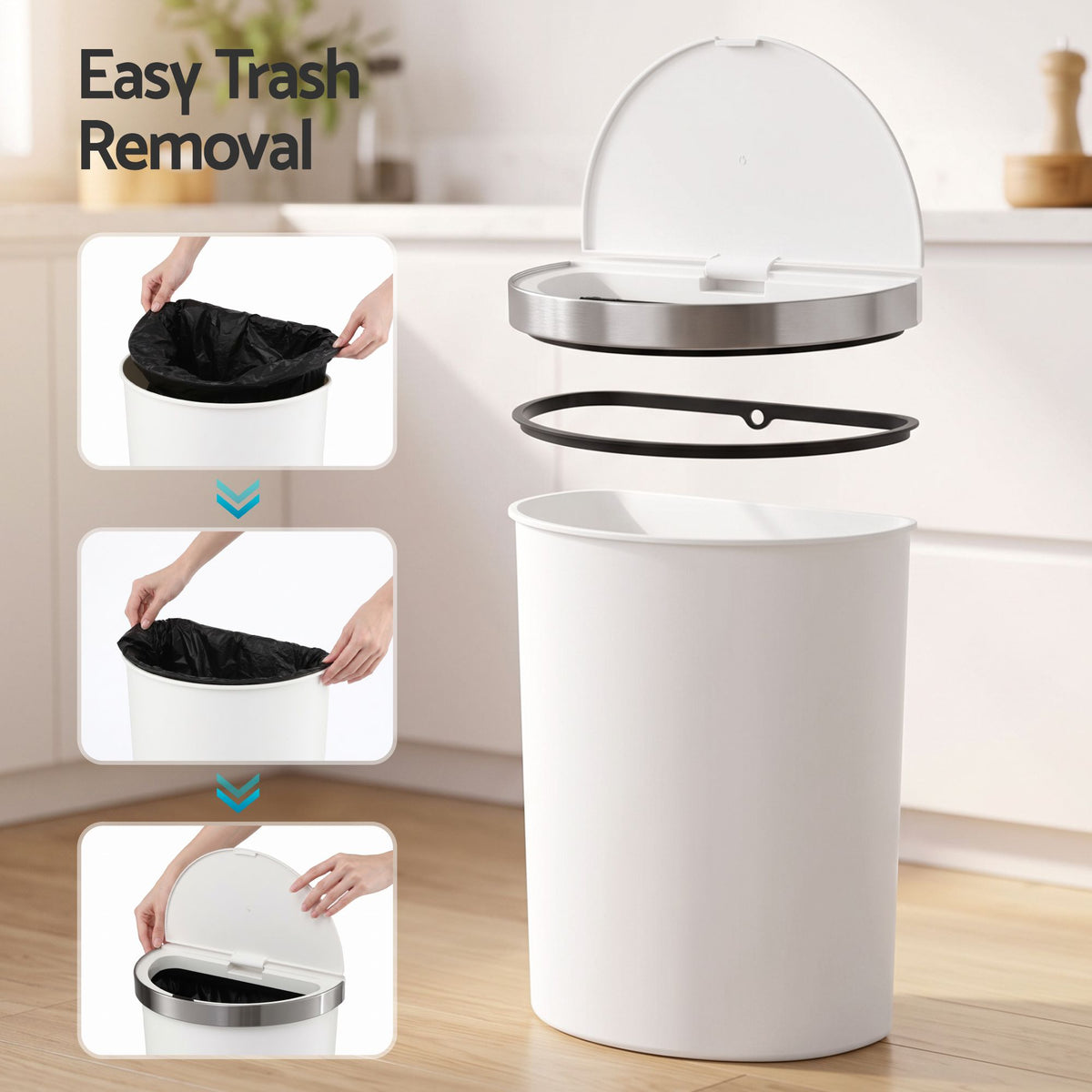 Devanti 50L Motion Sensor Bins Trash Can Kitchen Smart Rubbish Bin D-shape design White Awezingly