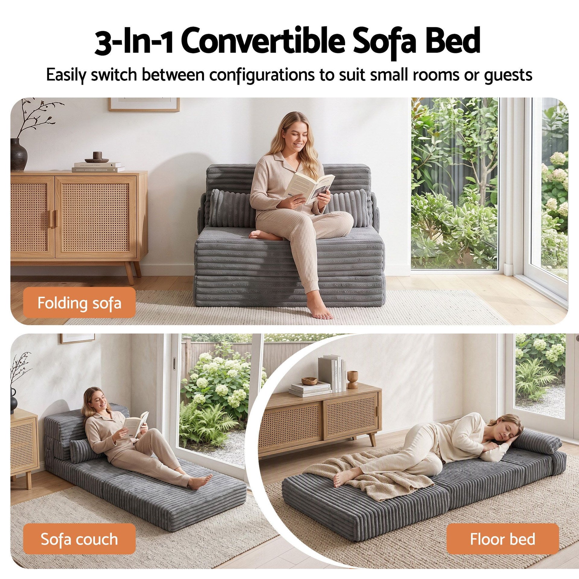 Artiss 3-in-1 Folding Sofa Bed Armless Lounger Chair with Side Pocket and Pillow Awezingly
