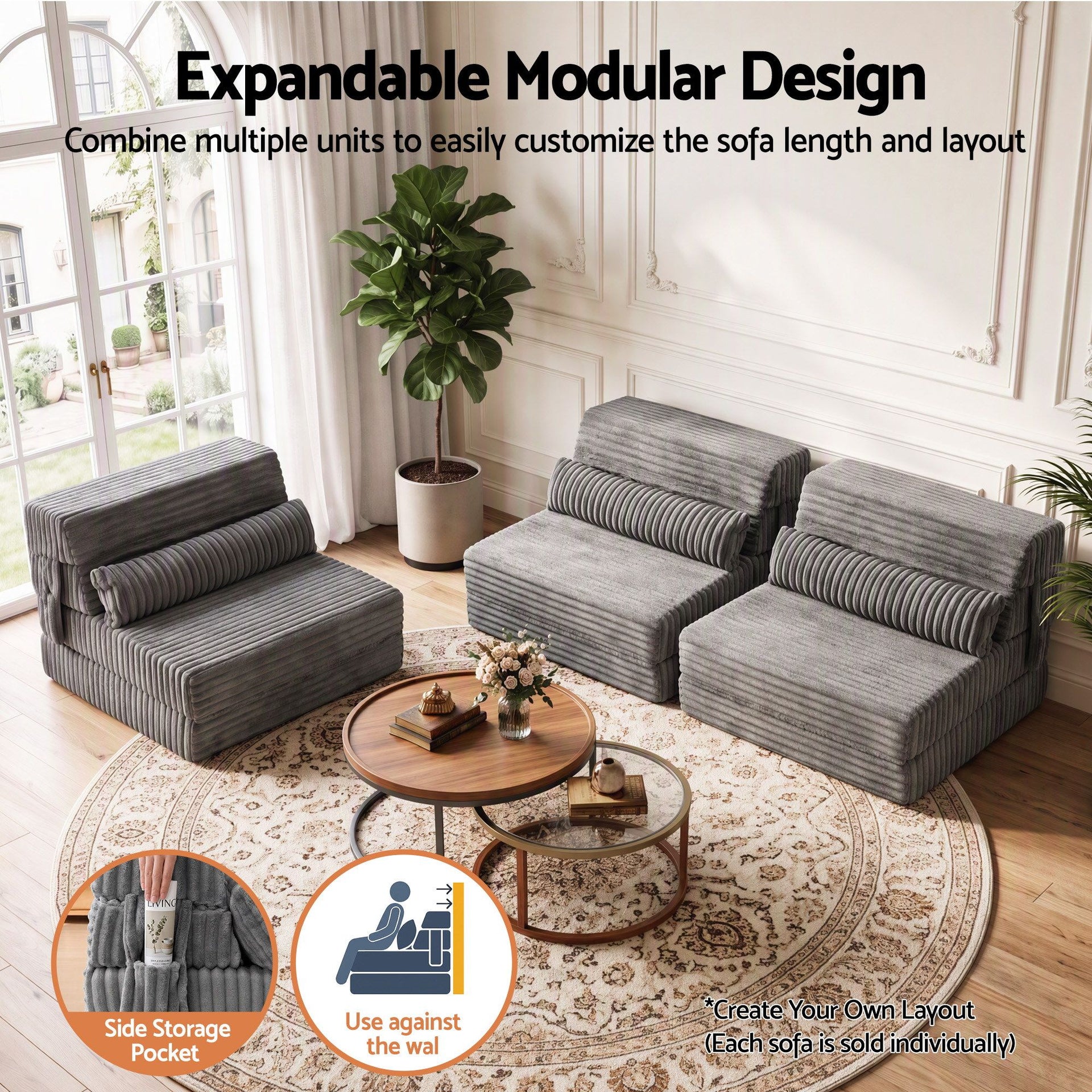 Artiss 3-in-1 Folding Sofa Bed Armless Lounger Chair with Side Pocket and Pillow Awezingly