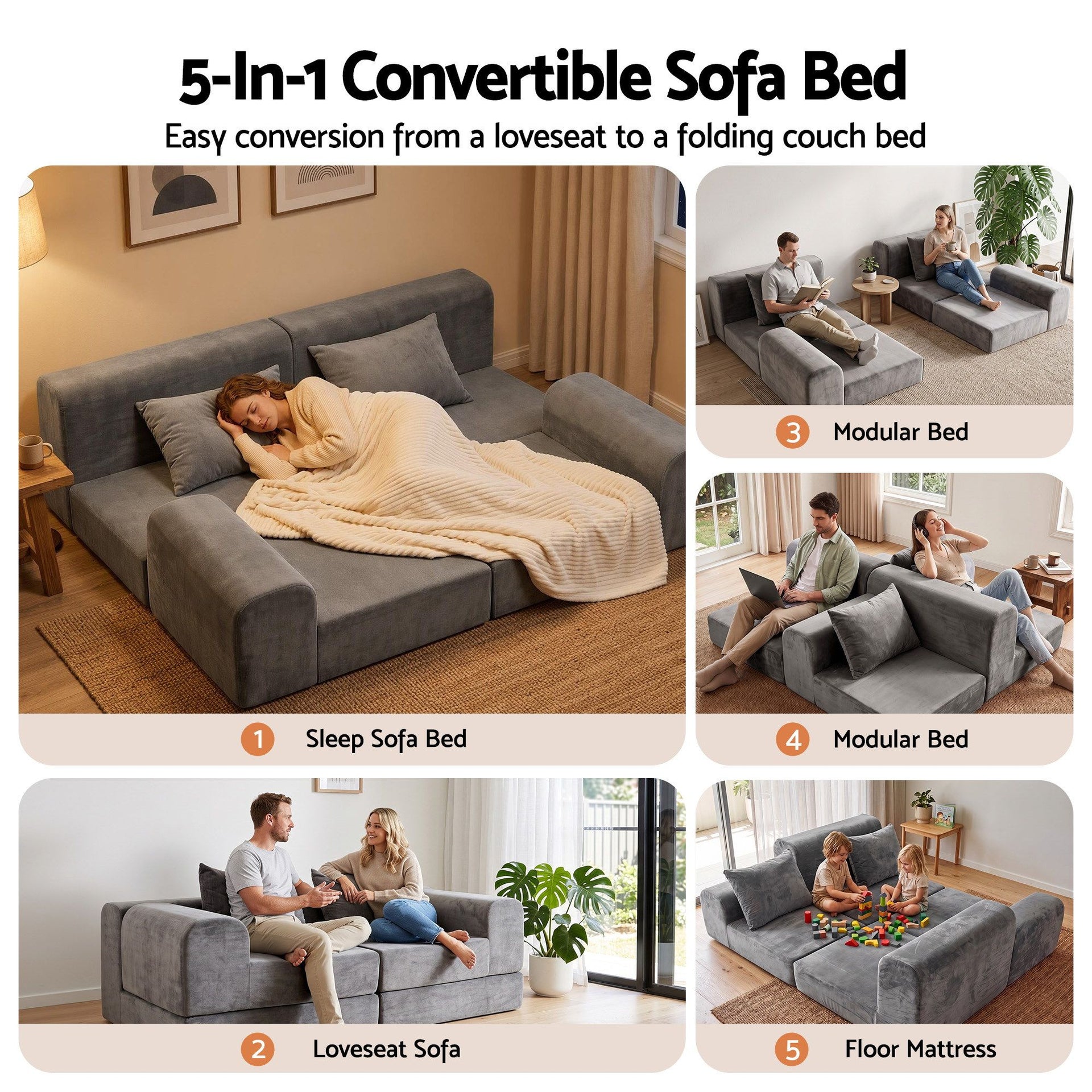 Artiss 5-in-1 Convertible Sofa Bed Floor Mattress Modular Boneless Curved Couch Awezingly