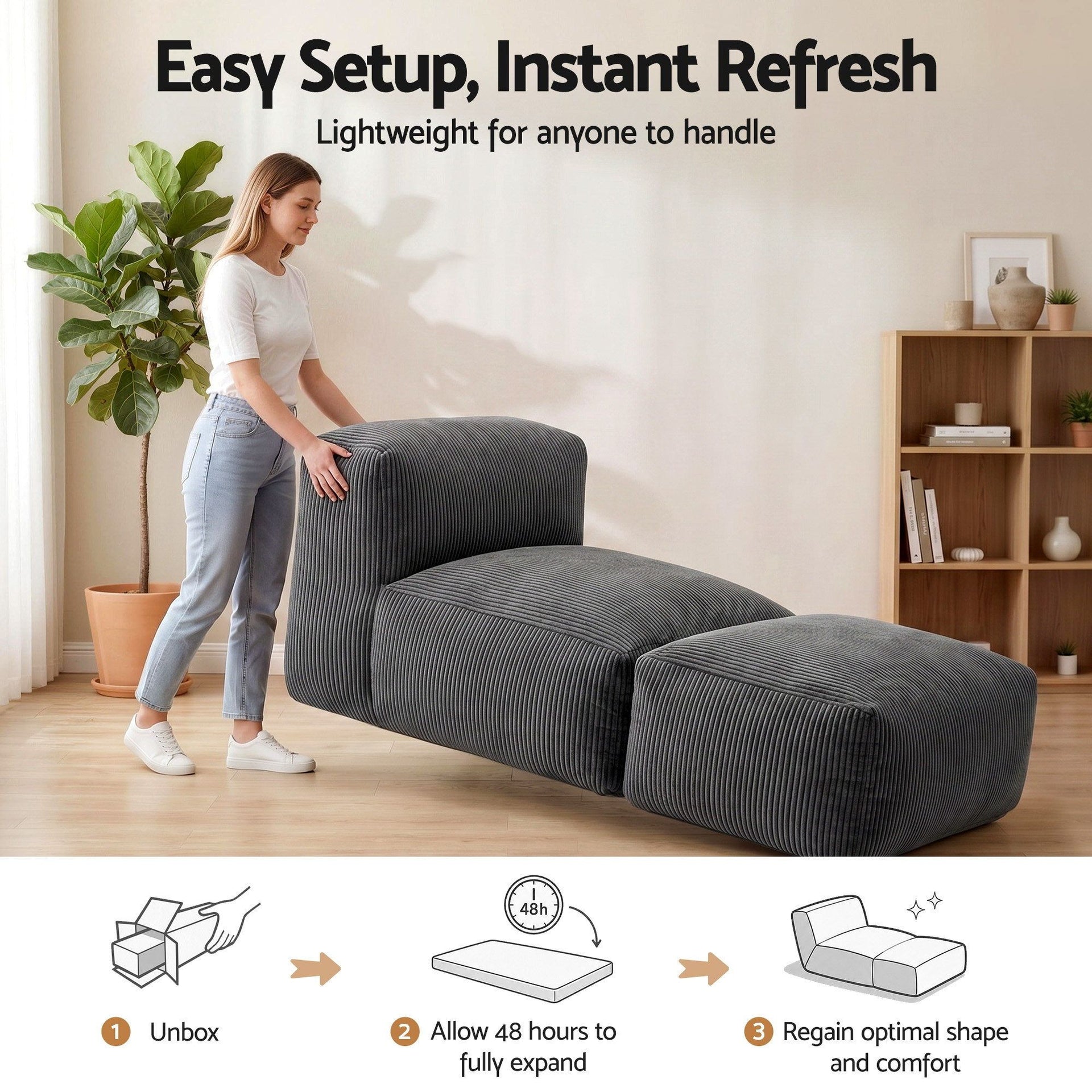 Artiss Foldable Bean Bag Sofa Bed Cloud Couch Boneless Floor Lounger Chair Grey Artiss