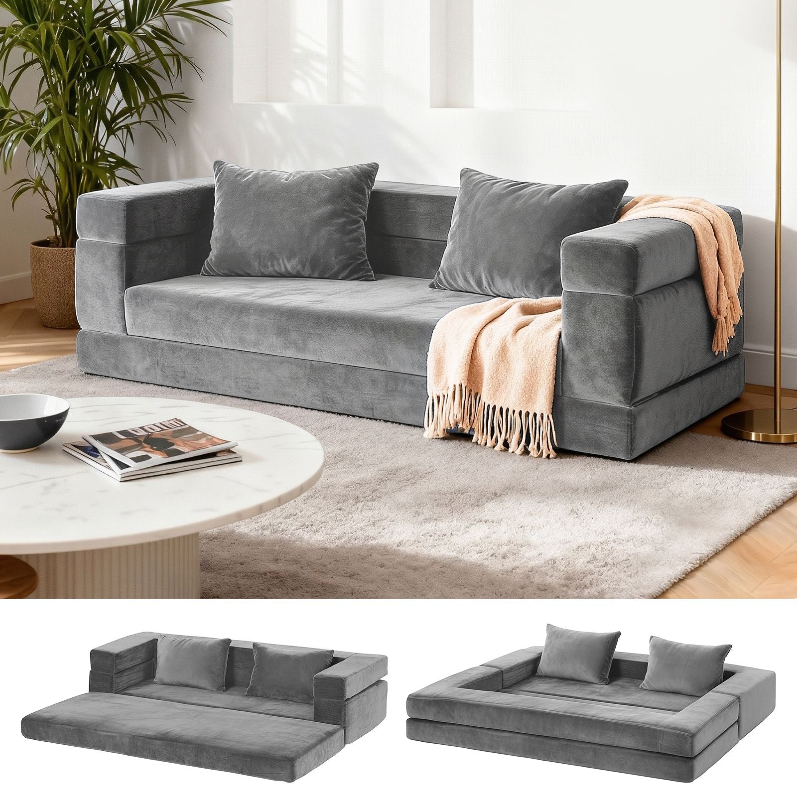 Artiss Convertible Folding Sofa Bed Pull Out Mattress Foldable Lounge Couch Grey Artiss