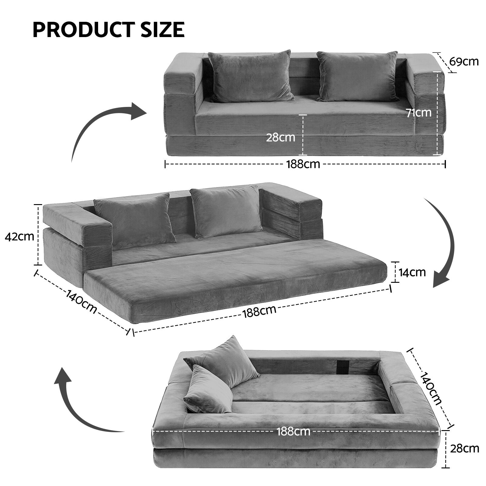 Artiss Convertible Folding Sofa Bed Pull Out Mattress Foldable Lounge Couch Grey Artiss