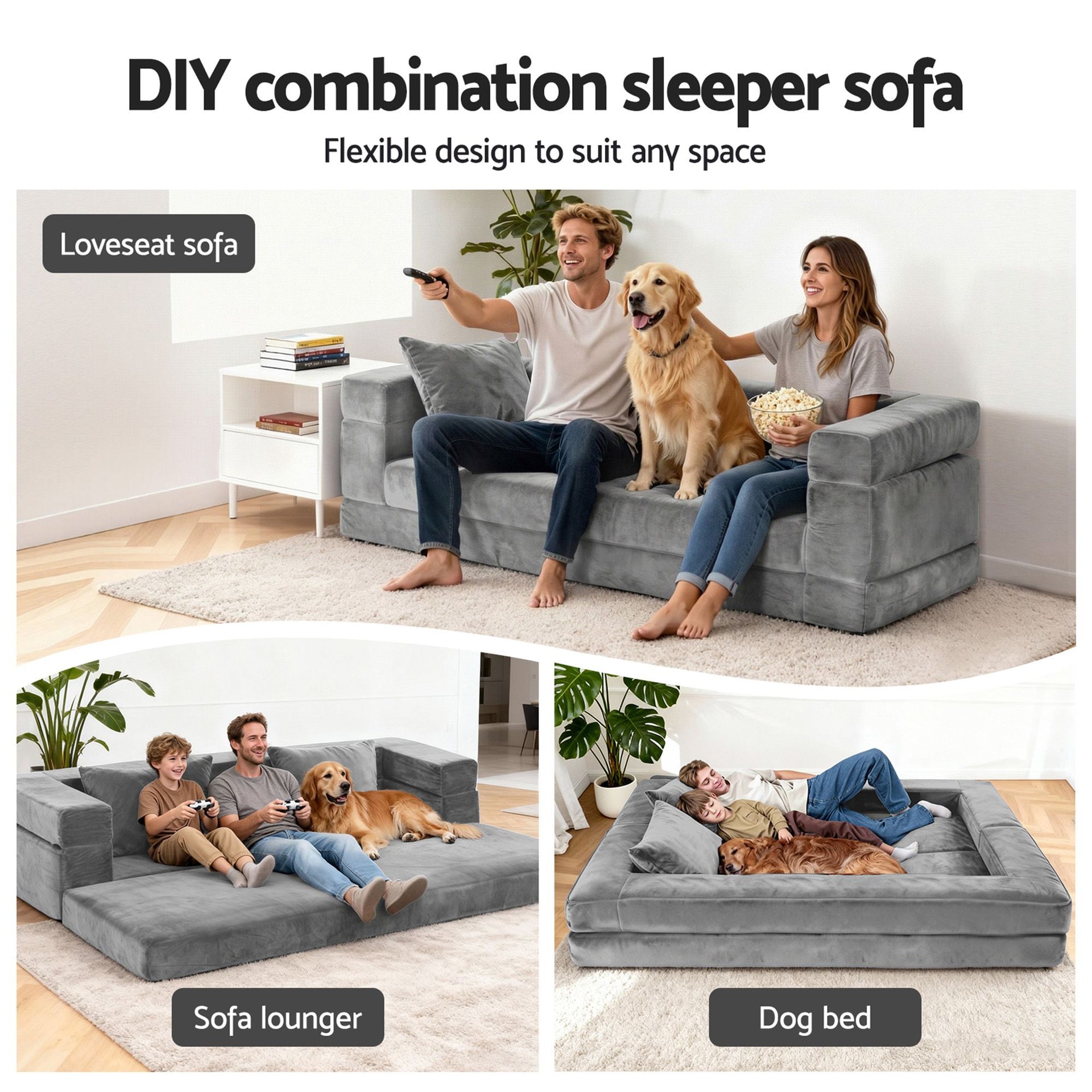 Artiss 3-in-1 Convertible Sofa Bed with Folding Mattress Velvet Foam Chair 300KG Awezingly