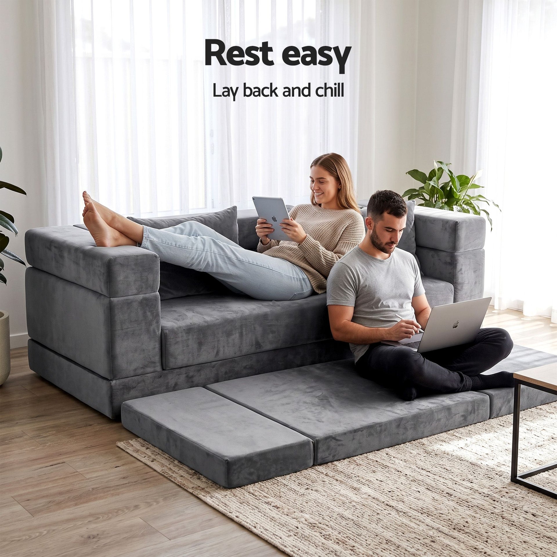 Artiss 3-in-1 Convertible Sofa Bed with Folding Mattress Velvet Foam Chair 300KG Awezingly
