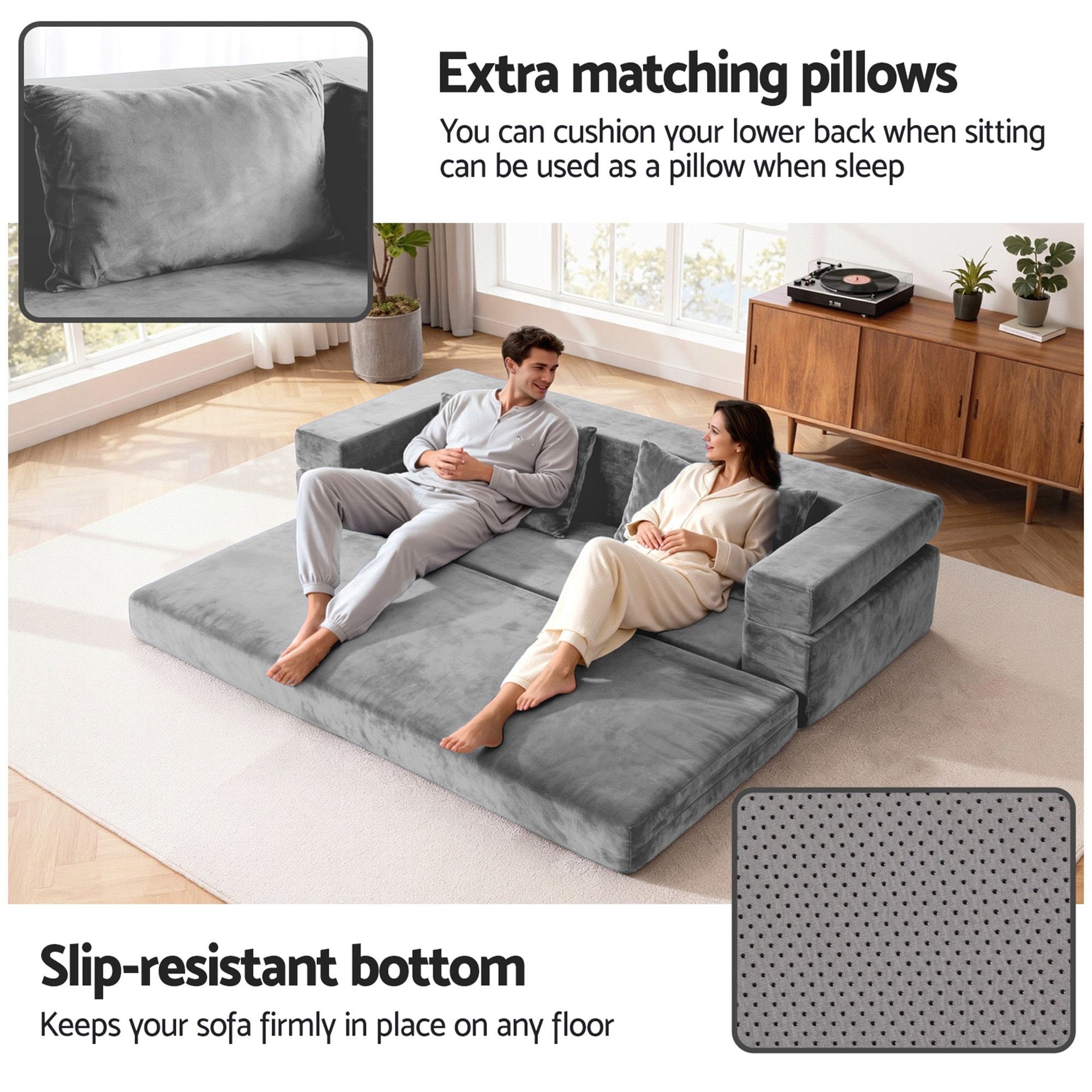 Artiss 3-in-1 Convertible Sofa Bed with Folding Mattress Velvet Foam Chair 300KG Awezingly