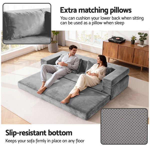 Artiss 3-in-1 Convertible Sofa Bed with Folding Mattress Velvet Foam Chair 300KG Awezingly