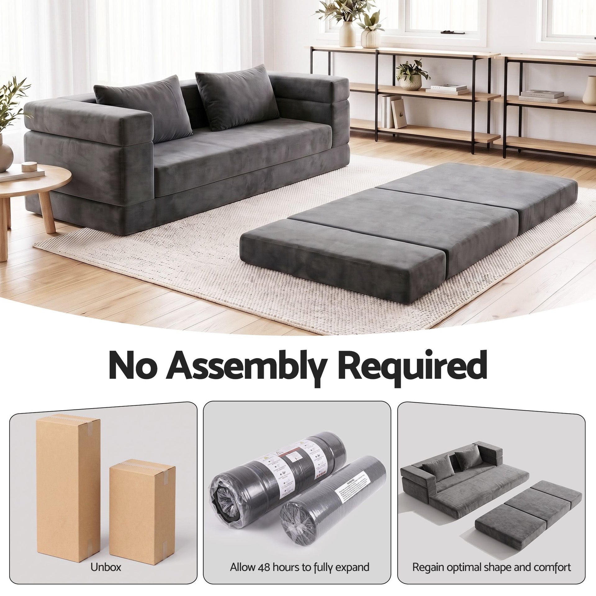 Artiss 3-in-1 Convertible Sofa Bed with Folding Mattress Velvet Foam Chair 300KG Awezingly