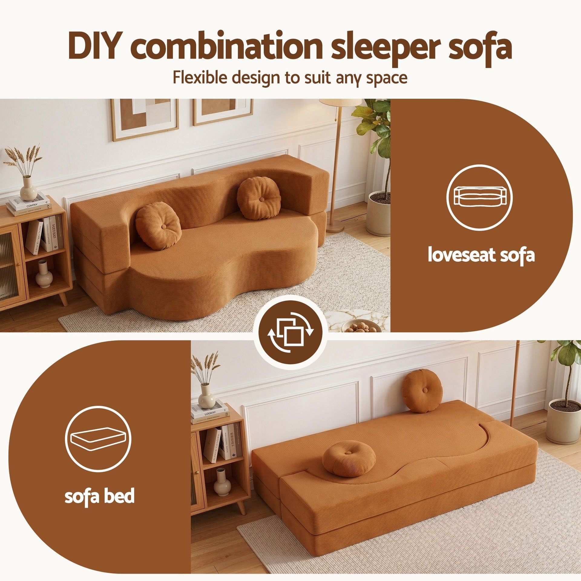 Artiss Folding Sofa Bed Floor Couch 2-in-1 Convertible Futon Loveseat Orange Awezingly