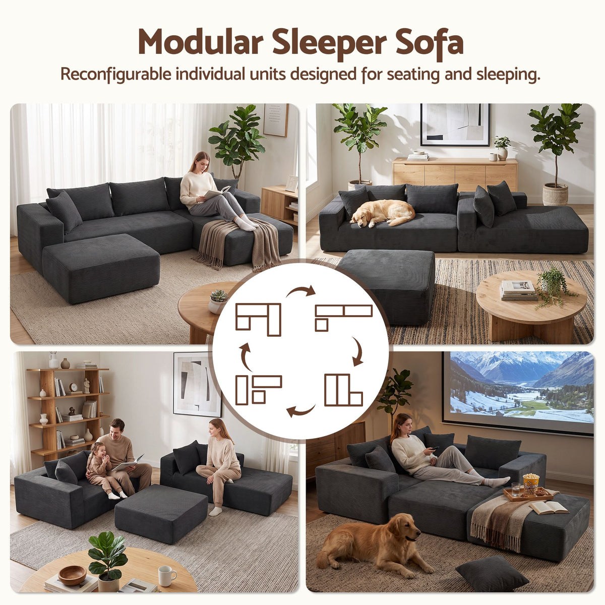 Artiss Modular Sectional Sofa Bed U-Shape 4-Seater Couch Chaise Ottoman Corduroy Awezingly