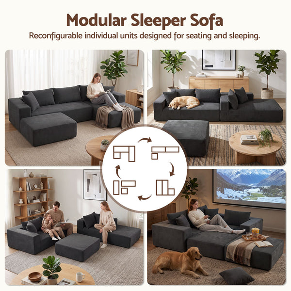 Artiss Modular Sectional Sofa Bed U-Shape 4-Seater Couch Chaise Ottoman Corduroy Awezingly