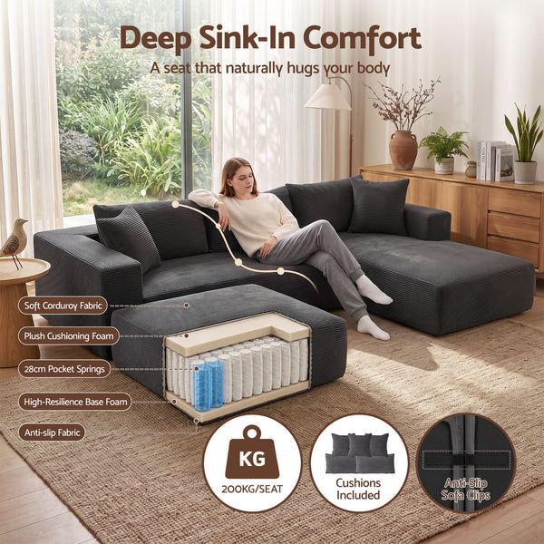 Artiss Modular Sectional Sofa Bed U-Shape 4-Seater Couch Chaise Ottoman Corduroy Awezingly