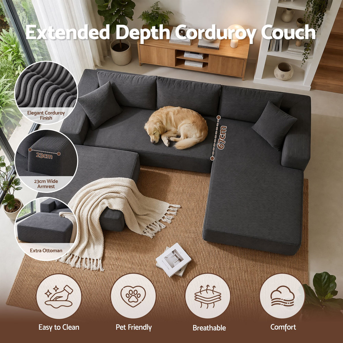 Artiss Modular Sectional Sofa Bed U-Shape 4-Seater Couch Chaise Ottoman Corduroy Awezingly