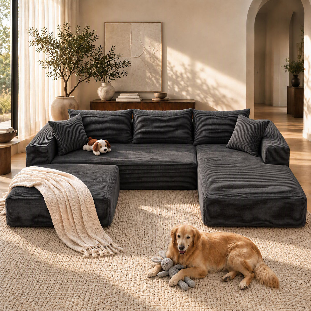 Artiss Modular Sectional Sofa Bed U-Shape 4-Seater Couch Chaise Ottoman Corduroy Awezingly