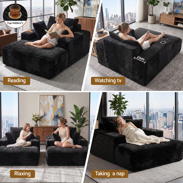 Artiss Sofa Bed Lounge Chair Sleeper Couch Chaise Single Seater Faux Fur Black Awezingly