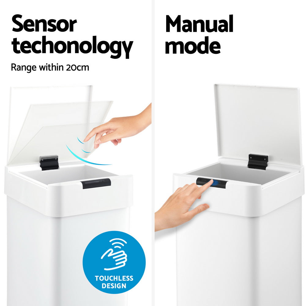 Devanti 50L Sensor Bin Motion Rubbish Bins Kitchen Automatic Trash Can White Devanti