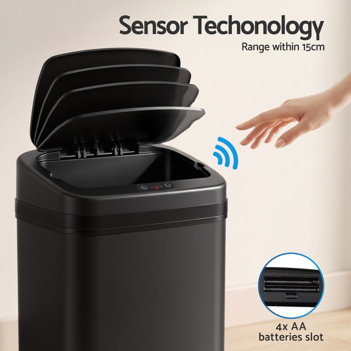 Devanti 15L Motion Sensor Bin Touchless Bins Soft-Close Rubbish Trash Can Black Awezingly