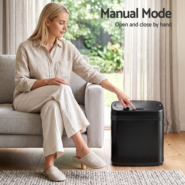 Devanti 15L Motion Sensor Bin Touchless Bins Soft-Close Rubbish Trash Can Black Awezingly