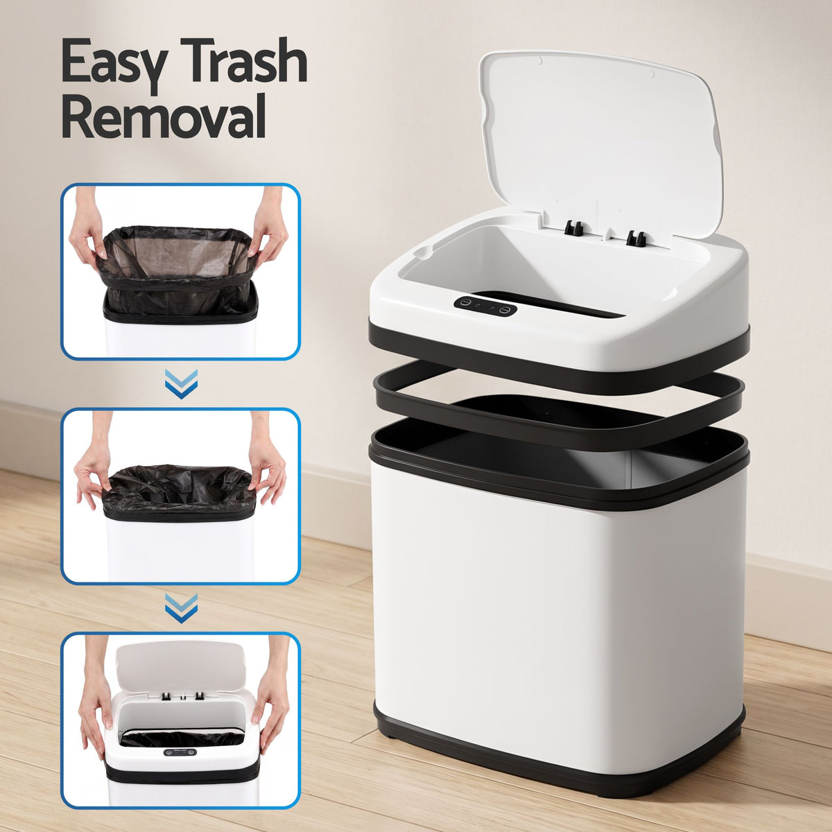 Devanti 15L Motion Sensor Bin Touchless Bins Soft-Close Rubbish Trash Can White Awezingly