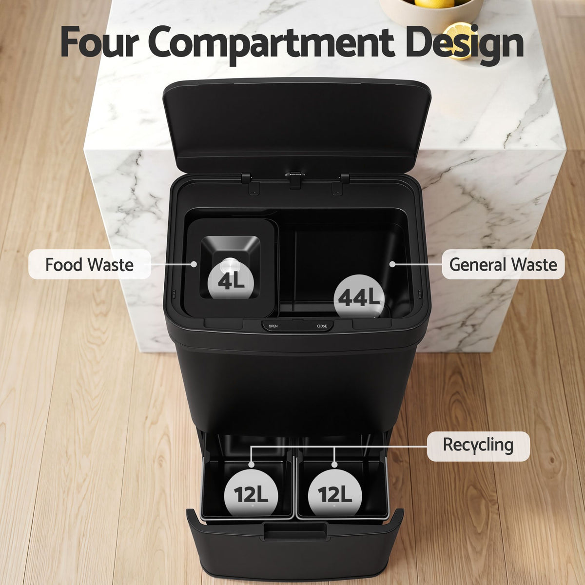 Devanti 72L Sensor Bin Rubbish Bins 4-in-1 Compartment Stainless Steel Trash Can Black Awezingly