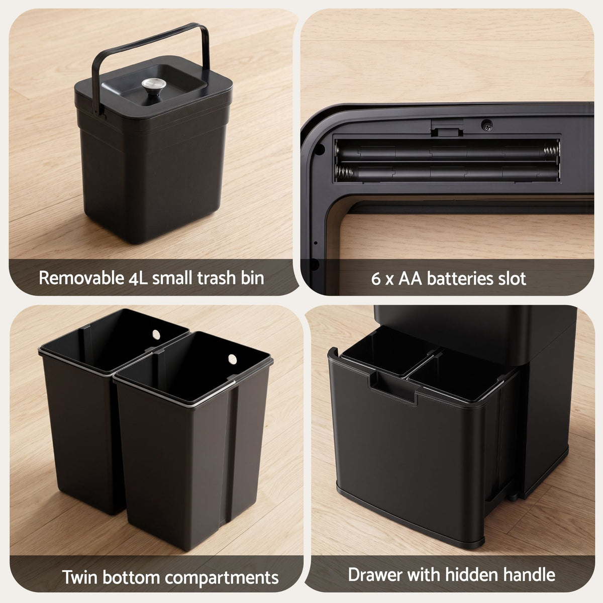 Devanti 72L Sensor Bin Rubbish Bins 4-in-1 Compartment Stainless Steel Trash Can Black Awezingly