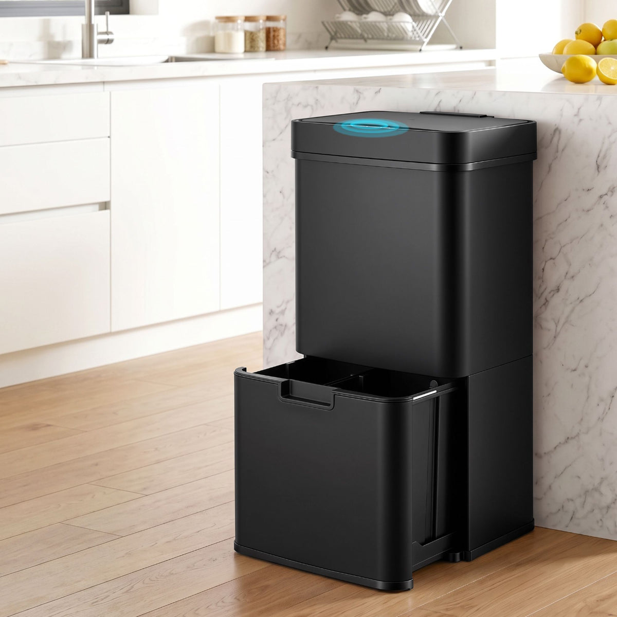 Devanti 72L Sensor Bin Rubbish Bins 4-in-1 Compartment Stainless Steel Trash Can Black Awezingly