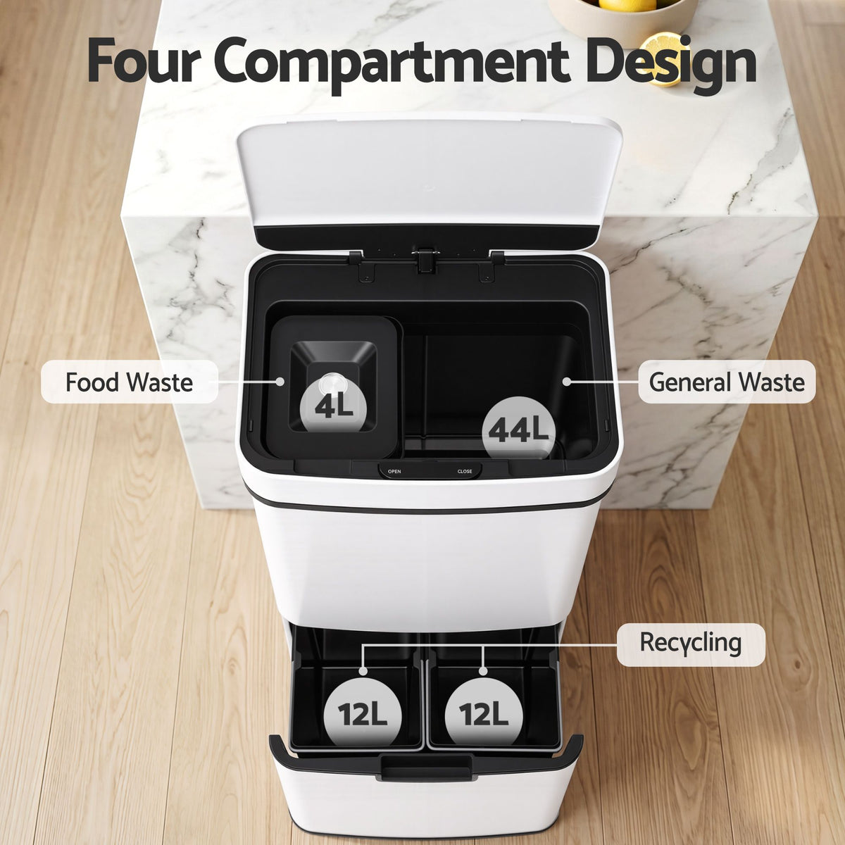 Devanti 72L Sensor Bin Rubbish Bins 4-in-1 Compartment Stainless Steel Trash Can White Awezingly