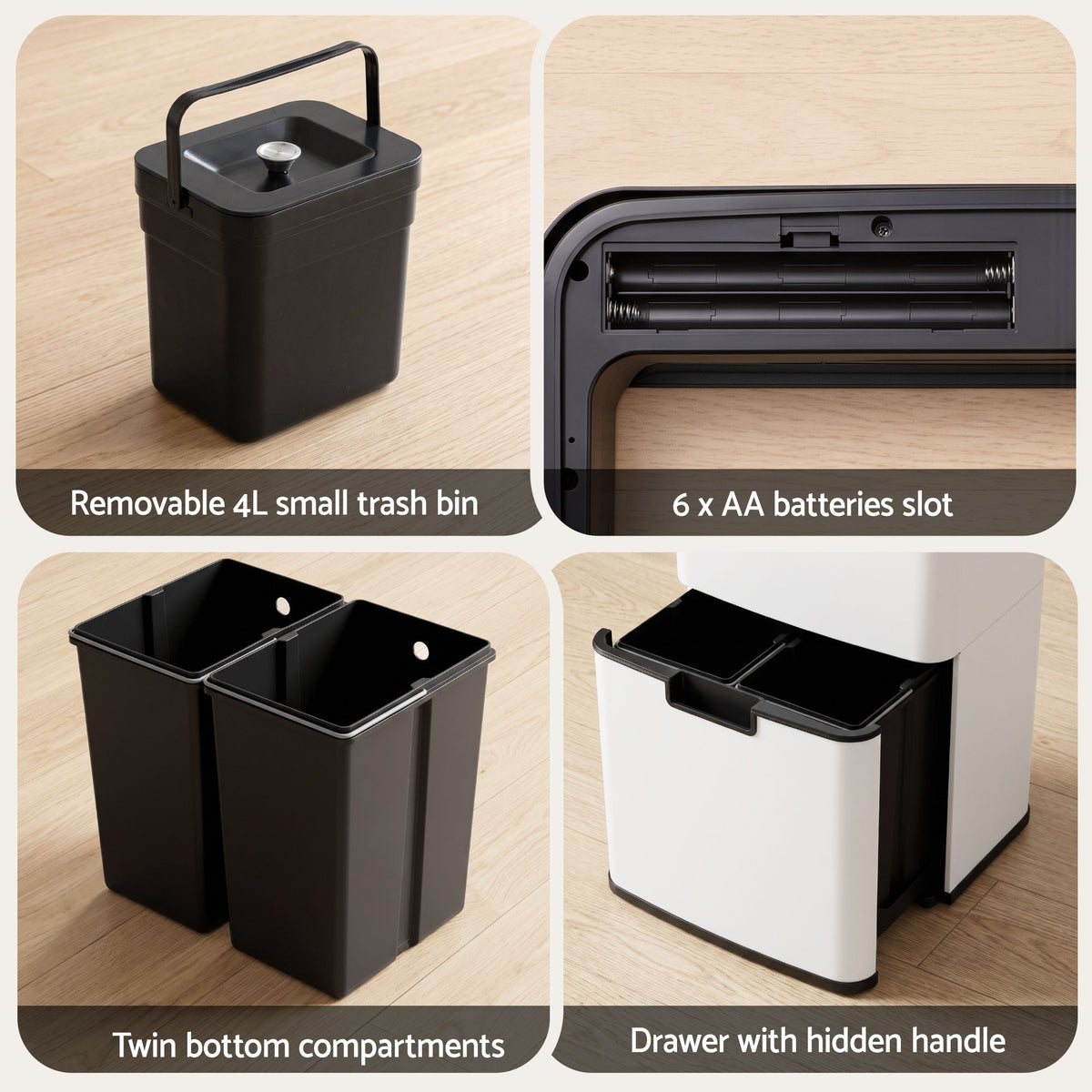 Devanti 72L Sensor Bin Rubbish Bins 4-in-1 Compartment Stainless Steel Trash Can White Awezingly