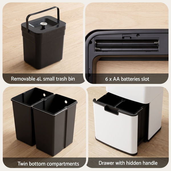 Devanti 72L Sensor Bin Rubbish Bins 4-in-1 Compartment Stainless Steel Trash Can White Awezingly