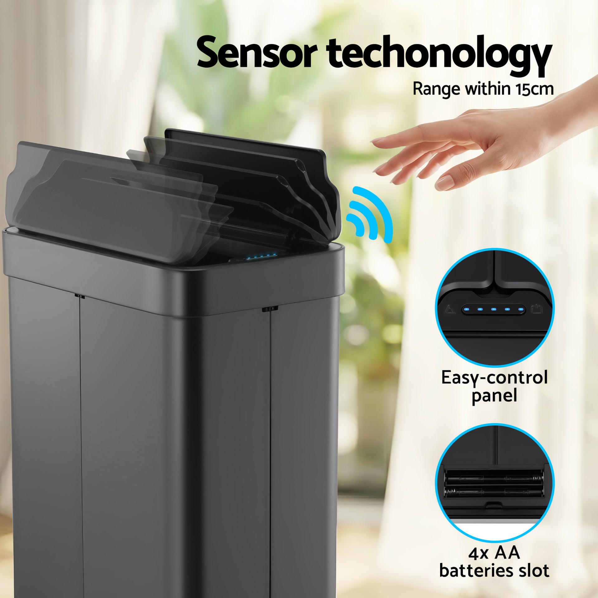 Devanti Rubbish Bin 70L Automatic Sensor Kitchen Bin, Slim Smart Garbage Can Touchless Rectangular with Liner Holder, Fully Closed Lid for Bedroom, Bathroom, Living Room, Black Awezingly