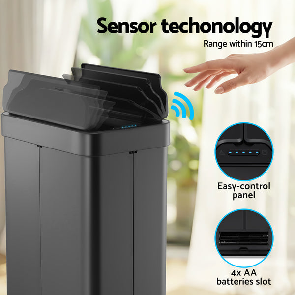 Devanti Rubbish Bin 70L Automatic Sensor Kitchen Bin, Slim Smart Garbage Can Touchless Rectangular with Liner Holder, Fully Closed Lid for Bedroom, Bathroom, Living Room, Black Awezingly