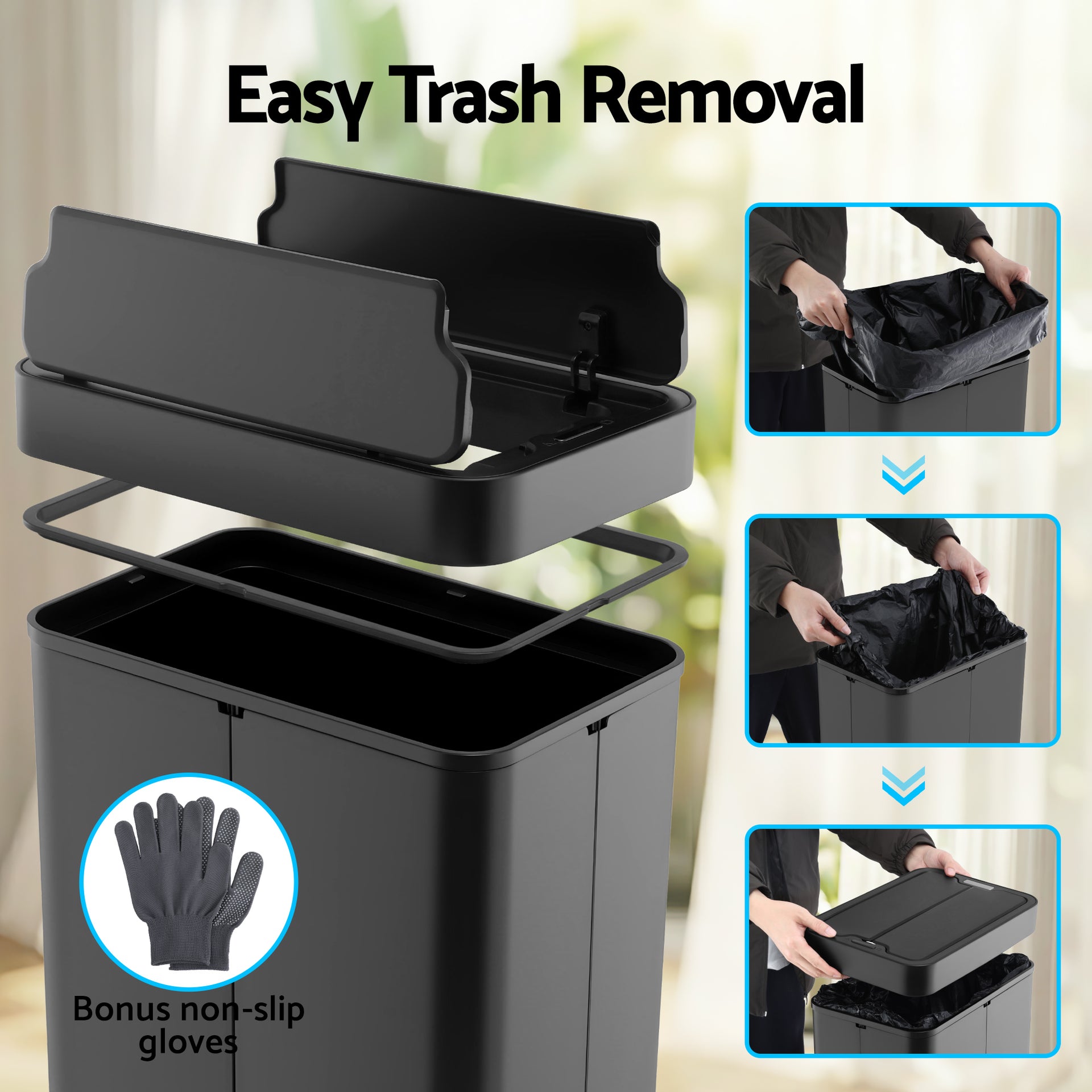 Devanti Rubbish Bin 70L Automatic Sensor Kitchen Bin, Slim Smart Garbage Can Touchless Rectangular with Liner Holder, Fully Closed Lid for Bedroom, Bathroom, Living Room, Black Awezingly