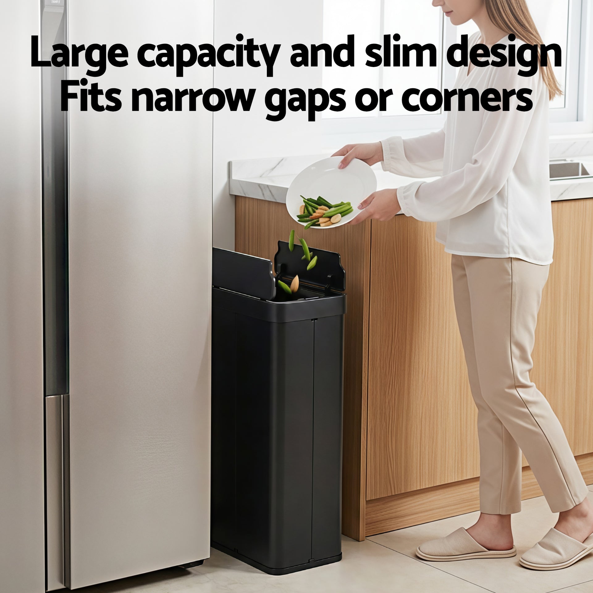Devanti Rubbish Bin 70L Automatic Sensor Kitchen Bin, Slim Smart Garbage Can Touchless Rectangular with Liner Holder, Fully Closed Lid for Bedroom, Bathroom, Living Room, Black Awezingly