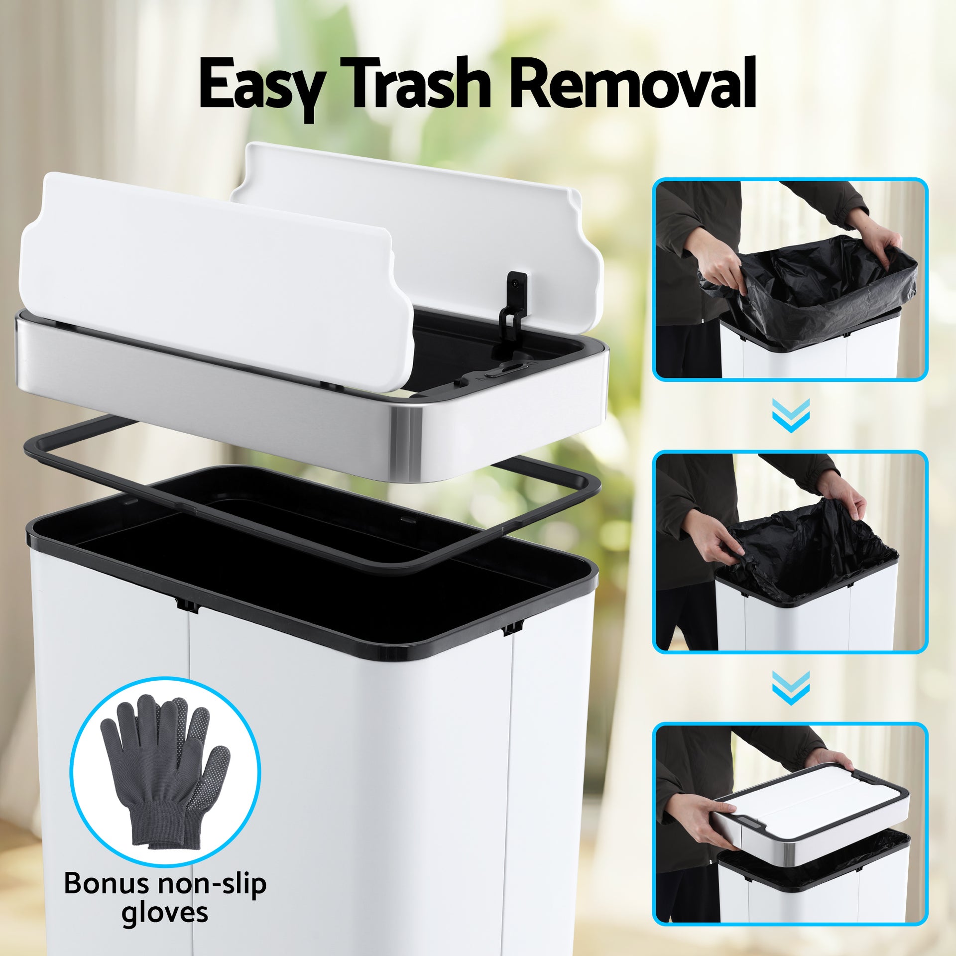 Devanti Rubbish Bin 70L Automatic Sensor Kitchen Bin, Slim Smart Garbage Can Touchless Rectangular with Liner Holder, Fully Closed Lid for Bedroom, Bathroom, Living Room, White Awezingly