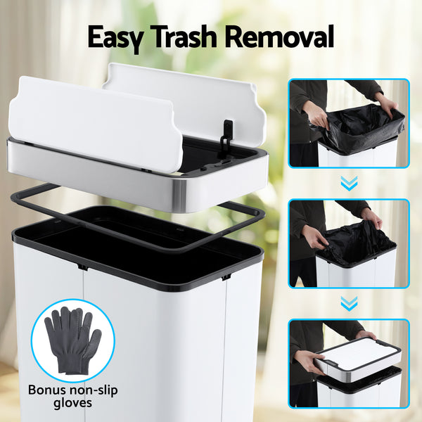 Devanti Rubbish Bin 70L Automatic Sensor Kitchen Bin, Slim Smart Garbage Can Touchless Rectangular with Liner Holder, Fully Closed Lid for Bedroom, Bathroom, Living Room, White Awezingly