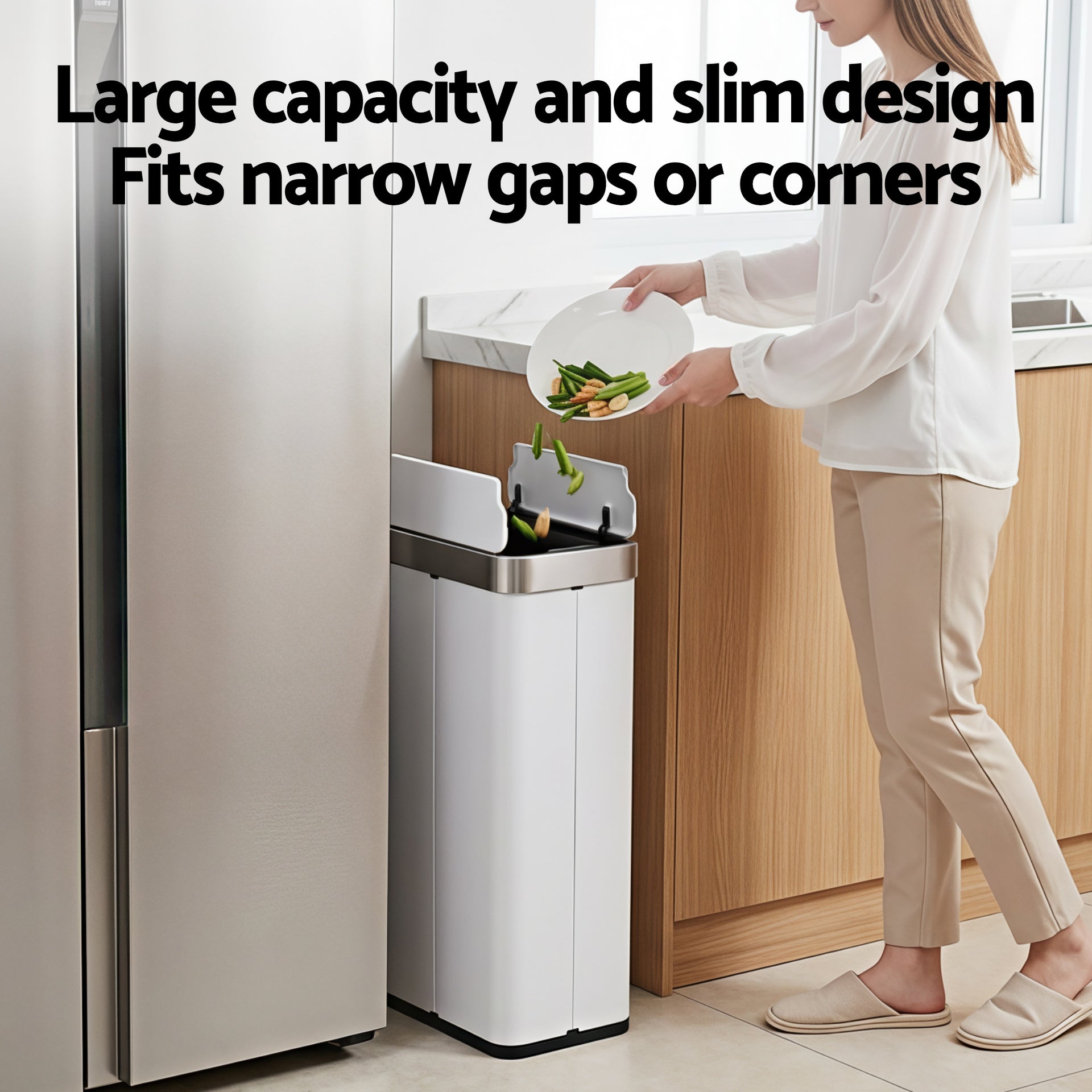 Devanti Rubbish Bin 70L Automatic Sensor Kitchen Bin, Slim Smart Garbage Can Touchless Rectangular with Liner Holder, Fully Closed Lid for Bedroom, Bathroom, Living Room, White Awezingly