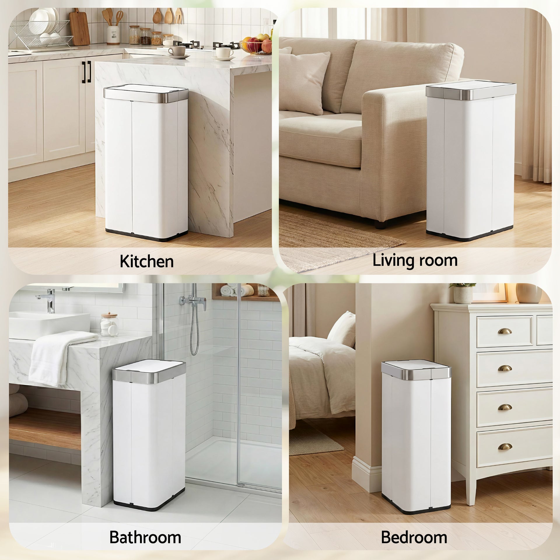 Devanti Rubbish Bin 70L Automatic Sensor Kitchen Bin, Slim Smart Garbage Can Touchless Rectangular with Liner Holder, Fully Closed Lid for Bedroom, Bathroom, Living Room, White Awezingly
