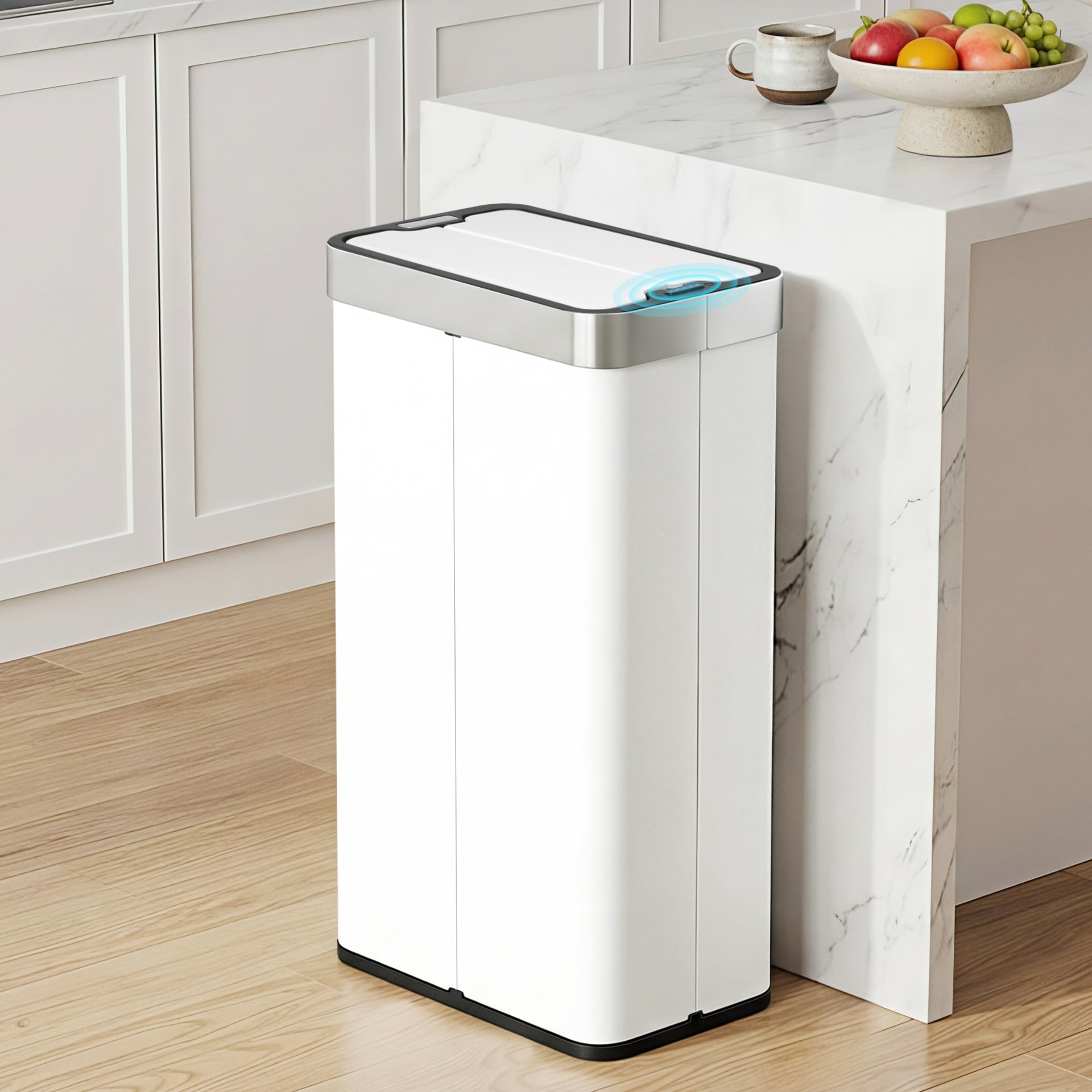 Devanti Rubbish Bin 70L Automatic Sensor Kitchen Bin, Slim Smart Garbage Can Touchless Rectangular with Liner Holder, Fully Closed Lid for Bedroom, Bathroom, Living Room, White Awezingly