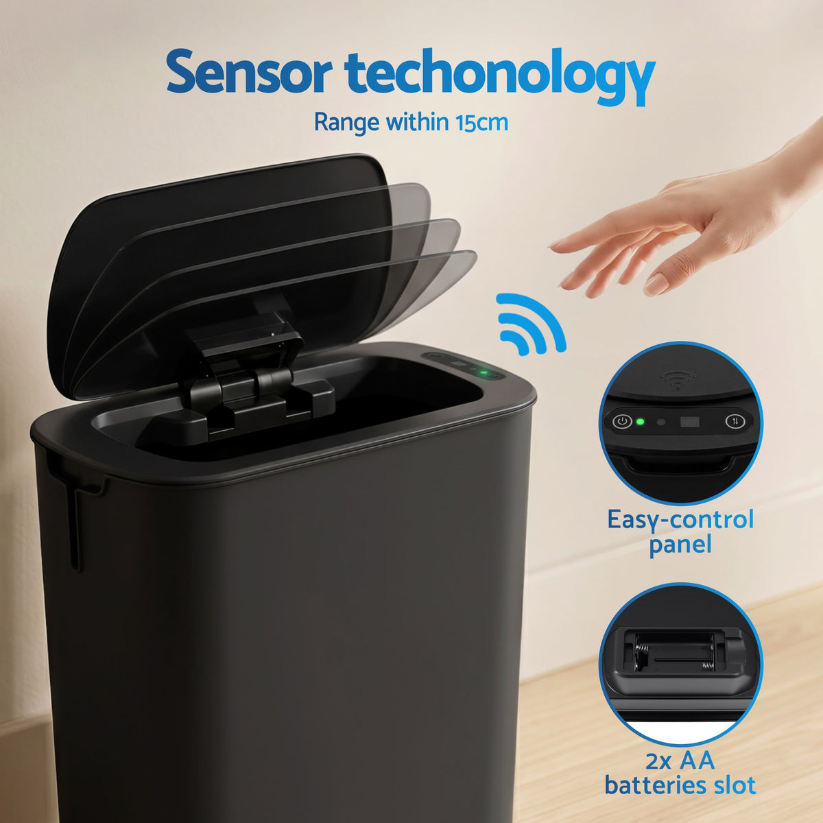 Devanti Automatic Trash Bin with Lid 11L Motion Sensor Kitchen Bin Touchless Garbage Can Modern Black Plastic Slim Rubbish Bin with Liner Holder for Kitchen, Home, Office Awezingly