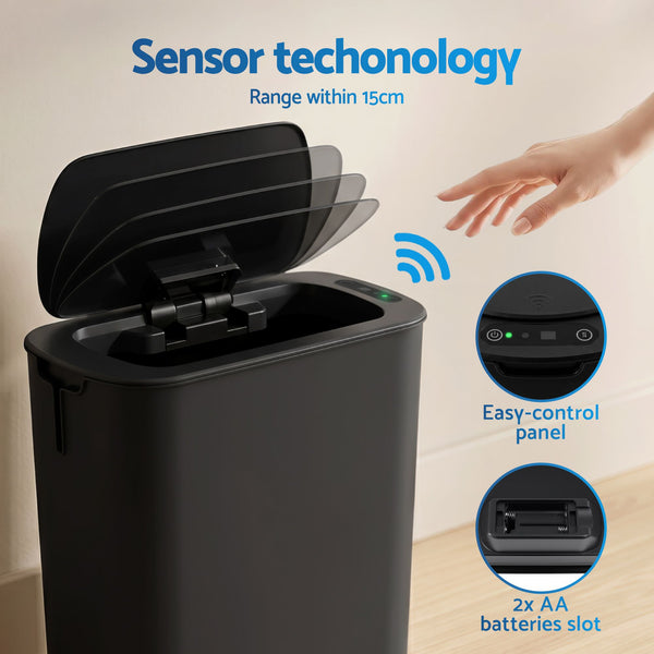 Devanti Automatic Trash Bin with Lid 11L Motion Sensor Kitchen Bin Touchless Garbage Can Modern Black Plastic Slim Rubbish Bin with Liner Holder for Kitchen, Home, Office Awezingly