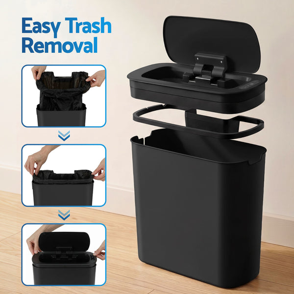 Devanti Automatic Trash Bin with Lid 11L Motion Sensor Kitchen Bin Touchless Garbage Can Modern Black Plastic Slim Rubbish Bin with Liner Holder for Kitchen, Home, Office Awezingly