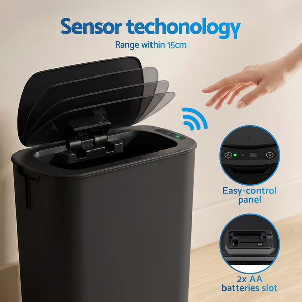 Devanti Automatic Trash Bin 2PCS with Lid 11L Motion Sensor Kitchen Bin Touchless Garbage Can Modern Black Plastic Slim Rubbish Bin with Liner Holder for Kitchen, Home, Office Awezingly