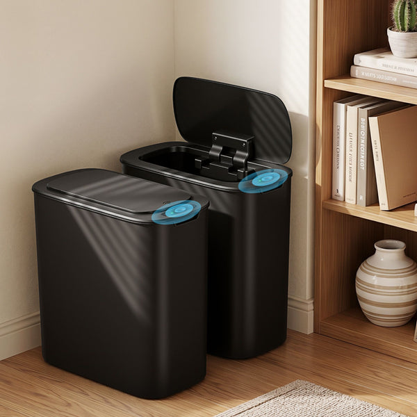 Devanti Automatic Trash Bin 2PCS with Lid 11L Motion Sensor Kitchen Bin Touchless Garbage Can Modern Black Plastic Slim Rubbish Bin with Liner Holder for Kitchen, Home, Office Awezingly