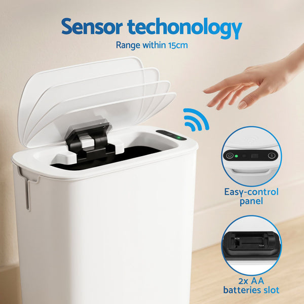 Devanti Automatic Trash Bin with Lid 11L Motion Sensor Kitchen Bin Touchless Garbage Can Modern White Plastic Slim Rubbish Bin with Liner Holder for Kitchen, Home, Office Awezingly